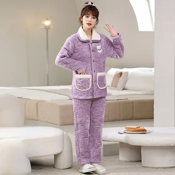 Зимна памучни пижами за майките на средна възраст, домашни дрехи с 3-слойной кадифена подплата, дамски Свободна пижами голям размер, комплект дрехи за сън