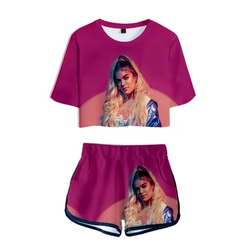 Популярният творчески дизайн Karol G, комплект от две части с 3D-принтом, дамски секси шорти + хубава тениска, сладки спортни костюми за момичета с изпъкнала пъпа