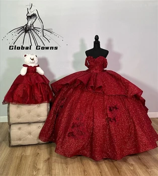 Блестящо Червено Пищни Рокля с 3D Цветя и Отворени Рамене, Расшитое Мъниста Диференцирани за Бална Рокля на Принцеса за бала в чест на рождения Ден на Sweet 16