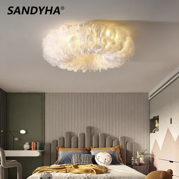 Скандинавски модерен прост романтична топло тавана лампа, творчески многоцветни led осветителни тела с пера за спални, всекидневна декор, осветителни тела