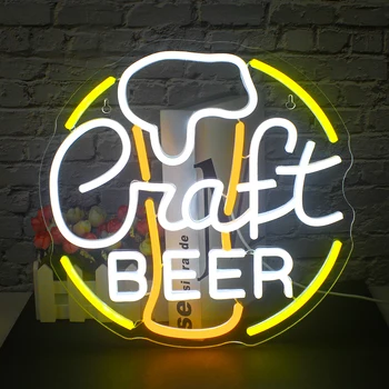 Неонова реклама Craft Beer, жълто-бели led неонови лампи за декор на стени, ресторант, бирария, клуб, Мъжки пещера, парти, Празнични украси