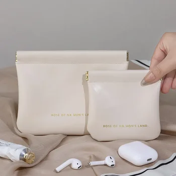 Водоустойчив мини-косметичка червило от изкуствена кожа кремав цвят, автоматично закрывающаяся чанта за съхранение на Преносим портфейл за монети, чанта за слушалки