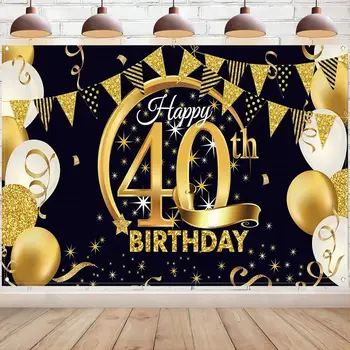 С 40-годишнината, Фоново украса, Черен Златен плакат с надпис на 40-годишнината, на фона на фотобудки, банер, аксесоари за партита