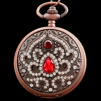 Дърворезба на червено и древните скъпоценните камъни с веригата, кварцов джобни часовници, Ретро-мода за мъже и жени, Медальон, огърлица, Часовник като подарък