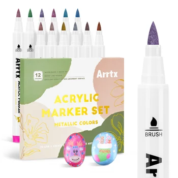 Arrtx 12 метални цветове Акрил маркер, мек връх на четката Метални акрилни бои Писалка за рисуване на Художествени аксесоари