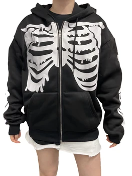 Дамски hoody с цип голям размер, и украсена с пайети, hoody Y2K Skeleton Sweatshirt - естетичен пуловер в готически стил.