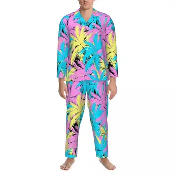 Пижами за Мъже Неонови палми Домашна пижама с растително принтом, 2 броя, всекидневни пижамный комплект с дълги ръкави, модерен домашен костюм Оверсайз